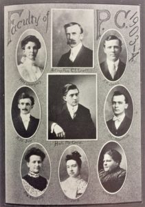 Faculty of Pacific College. 7 oval portraits and one rectangular portrait (acting president) circled around a rectangular portrait of president McGrew. Black and White photographs. 