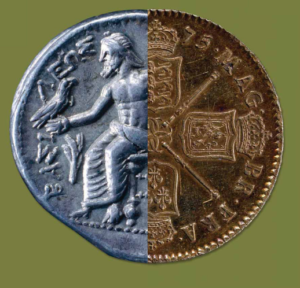 Coin split in the middle showing heads and tails